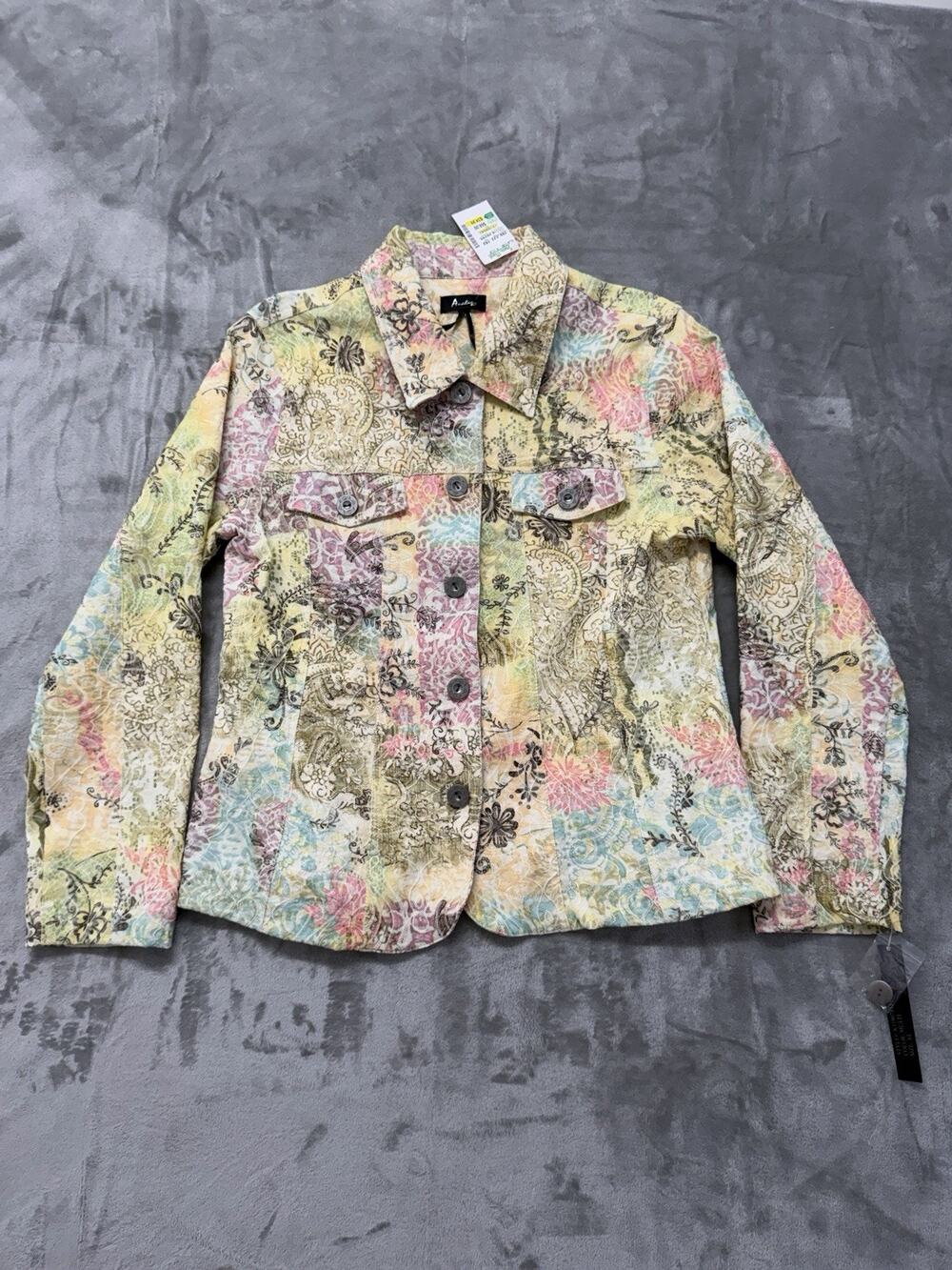 Analogy Paisley Jacket Women XL Colorful Floral Stretch Button Cotton Blend